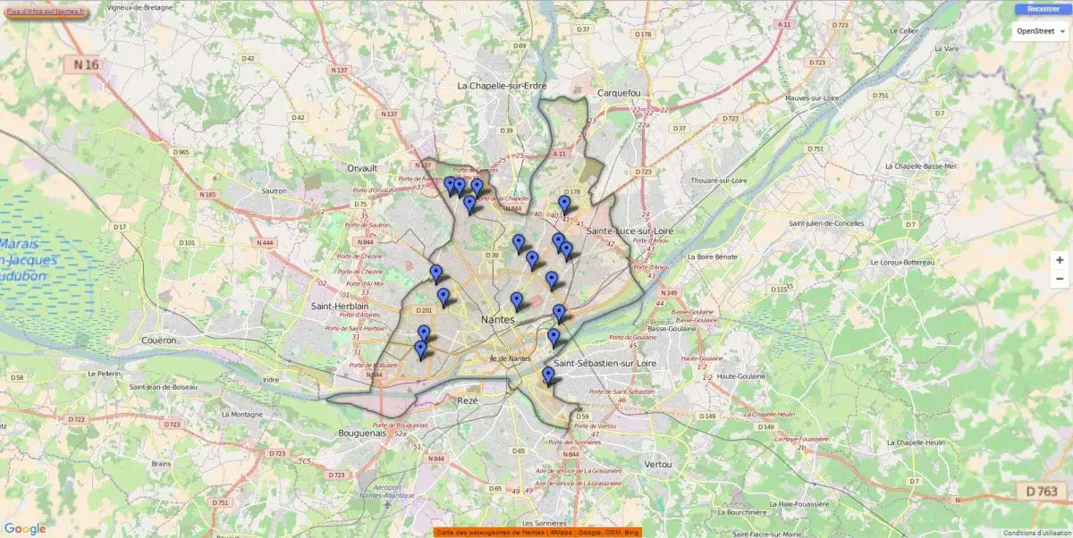 Carte des pataugeoires de la ville de Nantes