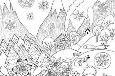 Illustration à colorier - Hiver - montagne - petit personnage style yeti - paysage sous la neige