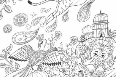 Dessin à colorier : scène de vie inspirée de l'Inde avec Elephant, Temple, personnage, animaux sacrés