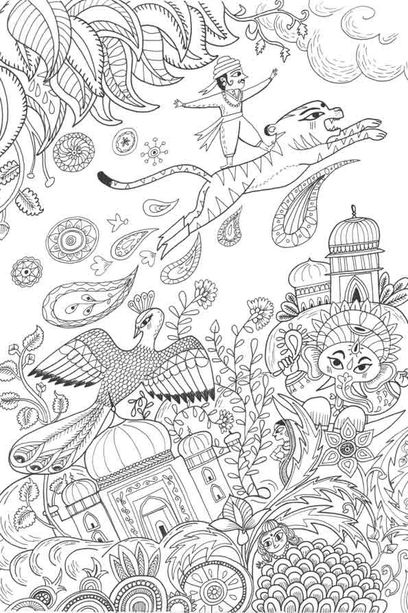 Dessin à colorier : scène de vie inspirée de l'Inde avec Elephant, Temple, personnage, animaux sacrés