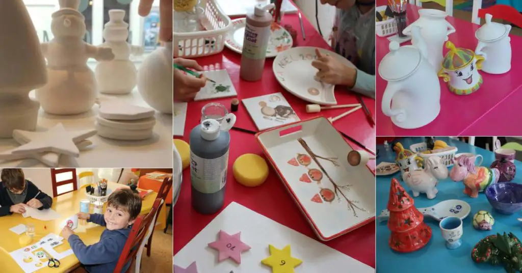 atelier de peinture sur faïence et céramique à nantes - Ici des des enfants s'amusent en dessinant sur des plats, bol, tasses assiettes - activité artistiques originale - Loire-Atlantique - Atelier Cwtch