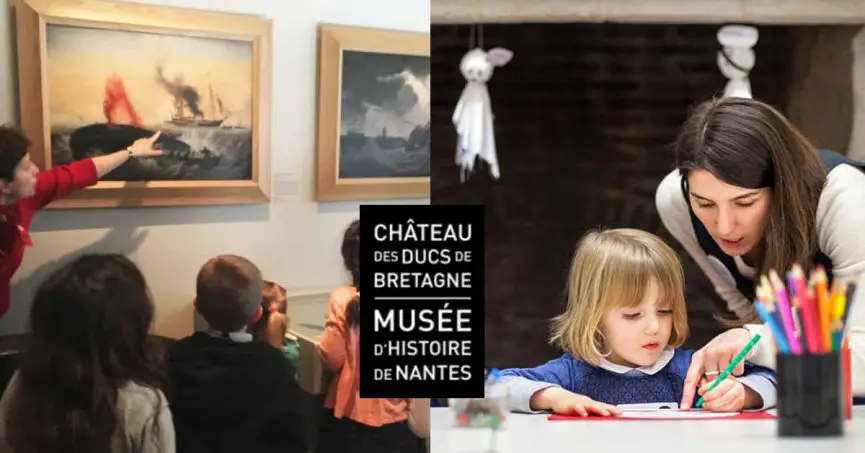 enfants et adultes visitent le chateau des ducs de bretagne avec un médiateur pour atelier créatif en famille