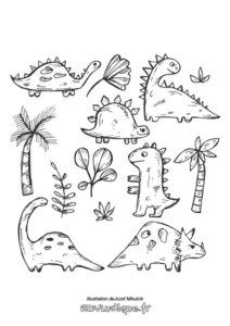 Coloriage dinosaure - planche de différents dnosaure dessiné avec humour