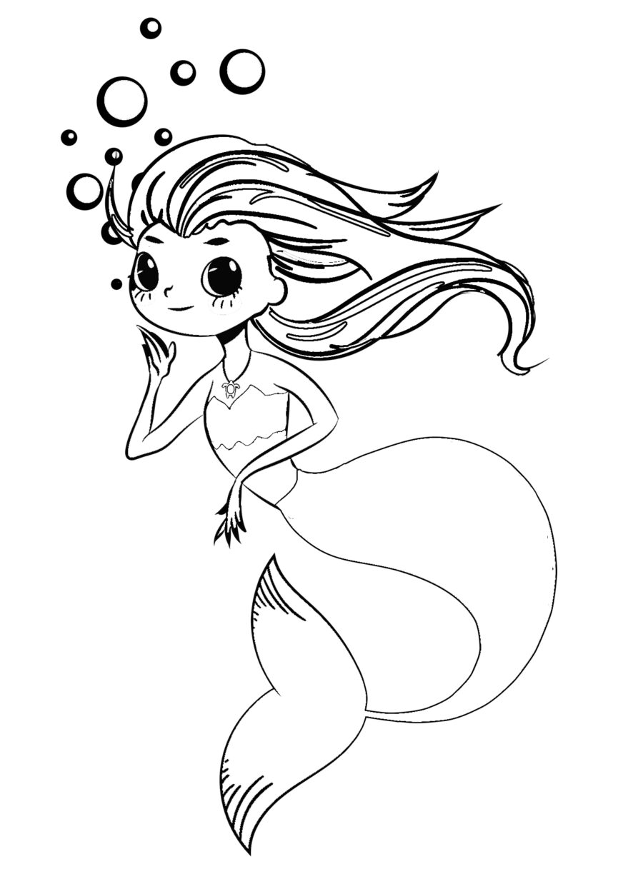 sirene dessin colorier jeune sirene souriante avec grands yeux qui flotte dans l'eau avec bulle d'eau