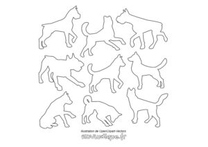 Coloriage dessin chien - Image au format paysage - planche avec silhouettes de chien dans des positions différentes - Gratuit à imprimer